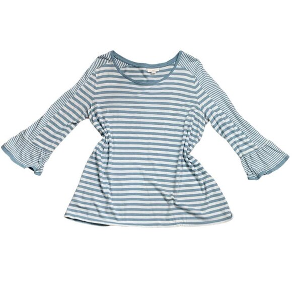 J. Jill Striped 3/4 Flounce Bell Sleeve Tee Top Sz M Blue & White #132G - Picture 2 of 7
